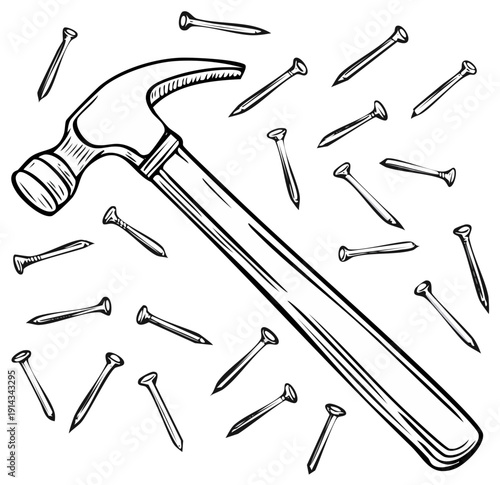 Classic claw hammer and various scattered nails in a detailed hand drawn illustration