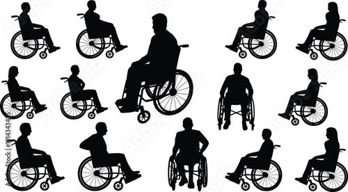 Silhouettes of people in wheelchairs, mobility support, disability awareness, healthcare assistance, inclusive design, rehabilitation, accessibility icon set
