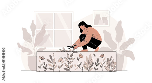 Woman Tending Plants in a Window Garden, Floral Illustration