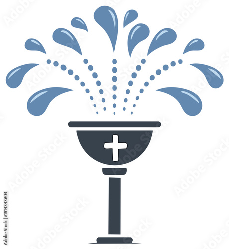 Holy Water Font with Splashing Water Droplets and Christian Cross Symbol Icon