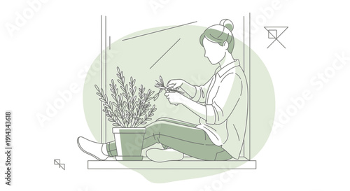 Woman Tending Plant Indoors, Lifestyle Line Art Illustration