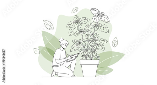 Woman Tending Potted Basil Plant, Gardening Concept, Line Art Illustration