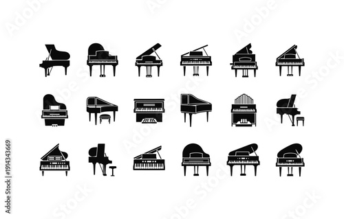 Set of various piano silhouettes showcasing diverse designs