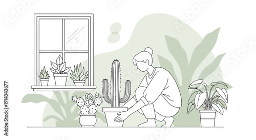 Woman Tending Potted Cacti and Plants by Window, Line Art Illustration