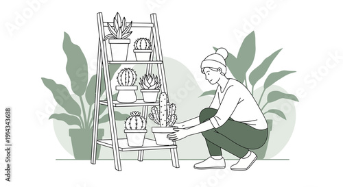 Woman Tending Potted Cacti and Succulents on a Wooden Shelf