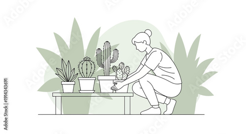 Woman Tending Potted Cacti Plants, Line Art Illustration