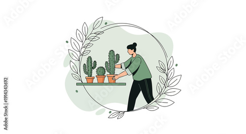 Woman Tending Potted Cacti in a Floral Wreath Frame