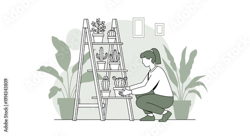 Woman Tending Houseplants on a Ladder Shelf, Indoor Gardening and Botany