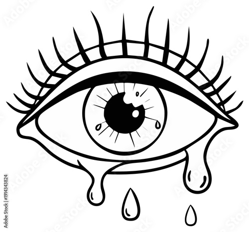 Stylized black and white illustration of an eye with flowing tears and prominent eyelashes.