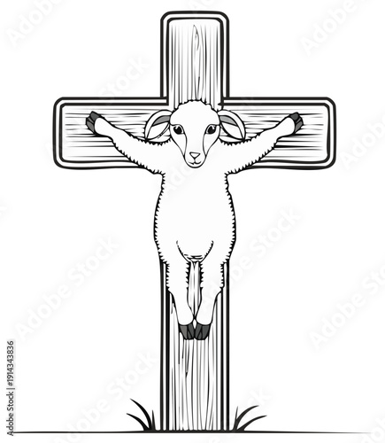 Cartoon depiction of a lamb crucified on a wooden cross, illustration