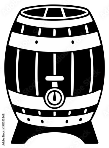 Decorative Barrel With Spigot Illustration Black and White Cartoon Style