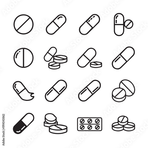 Collection of Pill and Capsule Icons, Medical and Pharmaceutical Icons, Flat Design