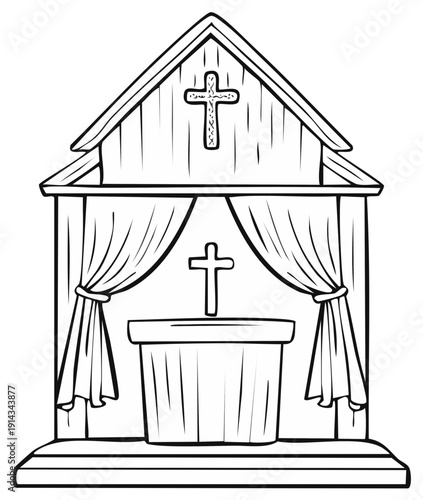 Hand-Drawn Illustration of a Christian Altar with Crosses and Draped Curtains in a Church