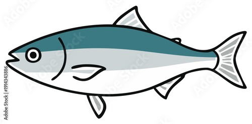 Stylized cartoon of a fish with blue and silver color scheme