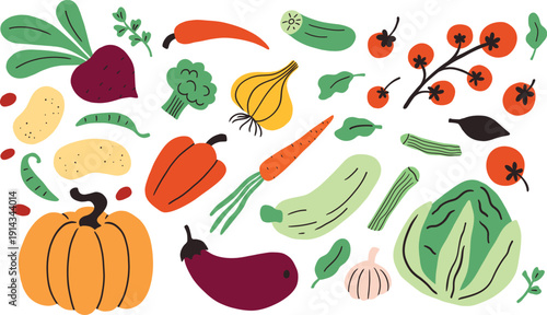 Farm agricultural local food, vegetables from farm, local market concept. Hand drawn simple doodle illustration. Farming, agriculture or local organic production set. Pumpkin, garlic, pepper, tomato.