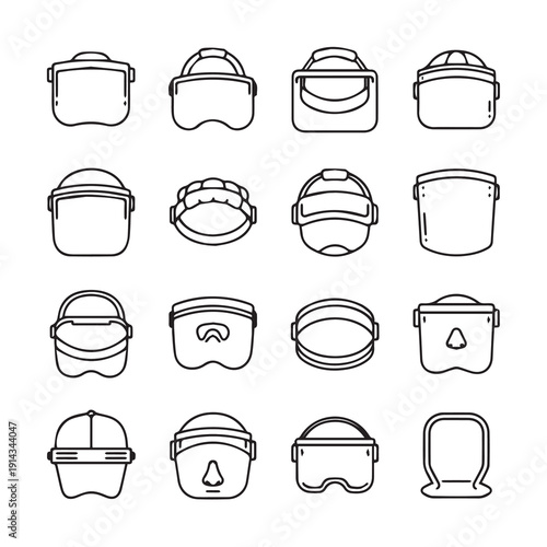 Collection of protective face shields and goggles icons, line art, isolated on white