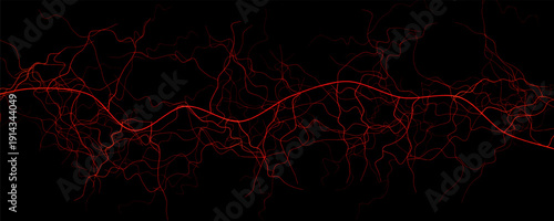 Abstract red glowing veins on black background, medical tech banner for science, healthcare, neural network themes. Vein networks for headers, wallpapers, presentations. Vector illustration