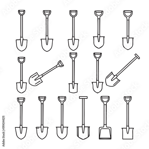 Collection of Shovel Outline Icons for Gardening and Construction - Stock Media