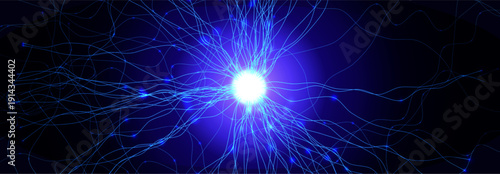 Neuron Firing Human Brain Neural Network Innovate Science Technology Background. Medical Neurology Bio Tech Scientific Research Banner Flash Glow Fractal. Blue AI Digital Net. Vector Illustration