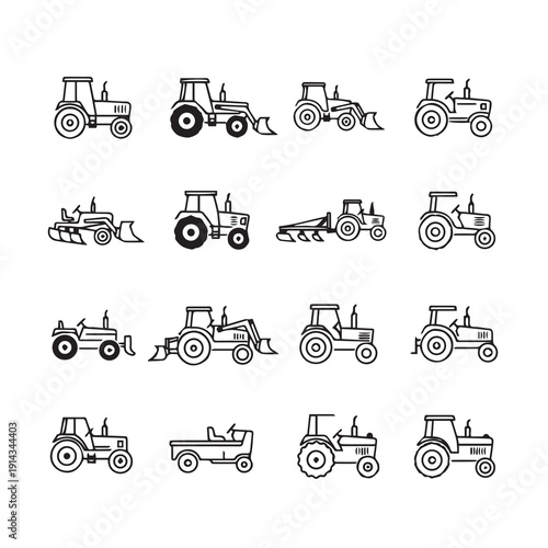 Collection of tractor icons, various models with different attachments, vector illustration