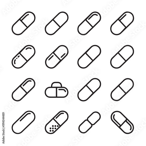 Collection of various capsule and pill outline icons on white background