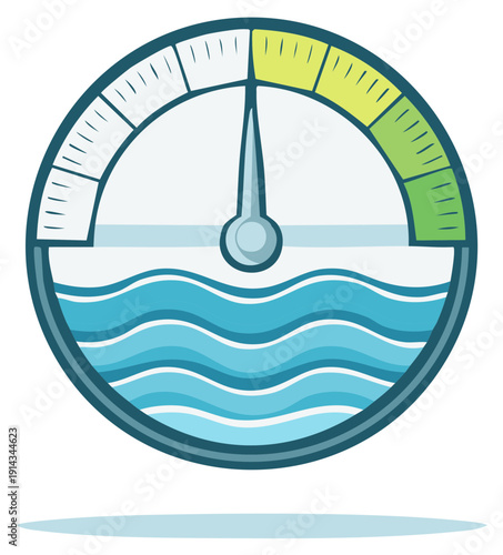 Cartoon gauge measuring water level, indicator at optimal