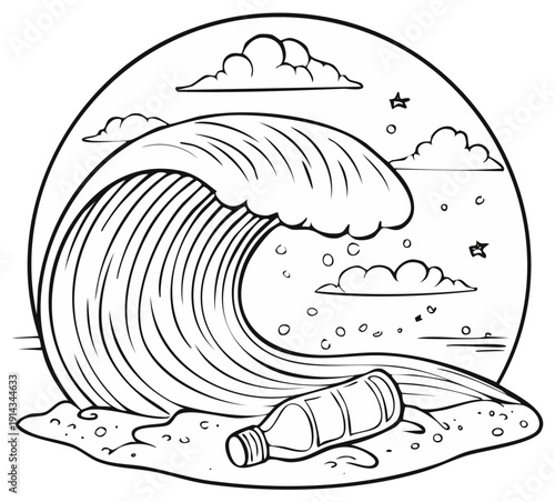 Bold illustration showing a large ocean wave with a single plastic bottle resting on the sand at the water's edge.