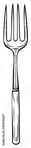 Hand Drawn Vintage Four Tine Fork Utensil Black and White Line Art Illustration