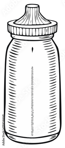 Classic etched style baby feeding bottle outline illustration for infant nourishment and childcare graphics