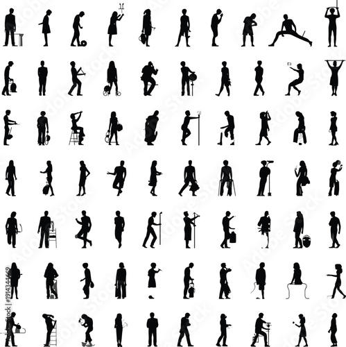 Silhouettes of people performing daily activities, walking, standing, carrying items, exercising, shopping, modern lifestyle, vector art, casual movement, black shapes