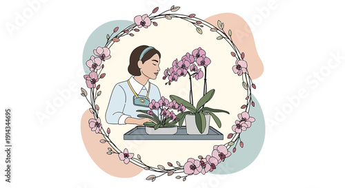 Woman Smelling Orchids in Floral Frame - Botanical Illustration