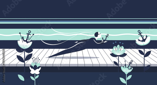 Woman Swimming with Anchor Flowers, Nautical Summer Lifestyle Illustration