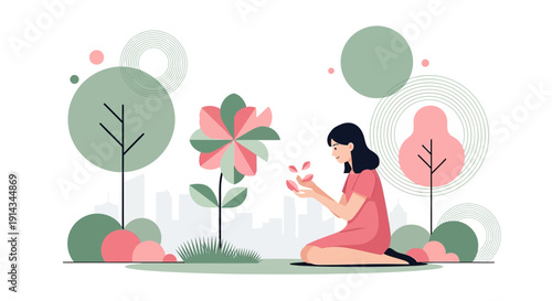 Woman Tending Abstract Flower in Minimalist Garden, Growth Concept