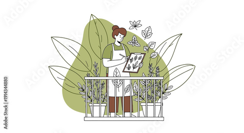 Woman tending balcony plants, drawing botanical sketches in a sketchbook.