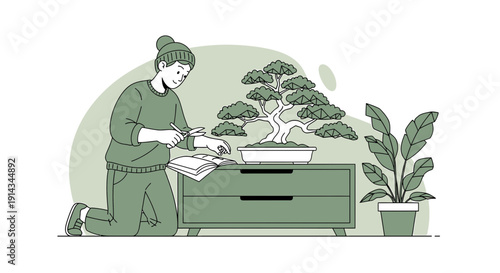 Woman Tending Bonsai Tree, Interior Scene, Gardening Hobby, Illustration