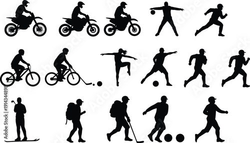 Silhouettes of people playing sports and outdoor activities, multiple athletes in motion, physical fitness icons, sports lifestyle vector illustration, recreational and competitive movement set