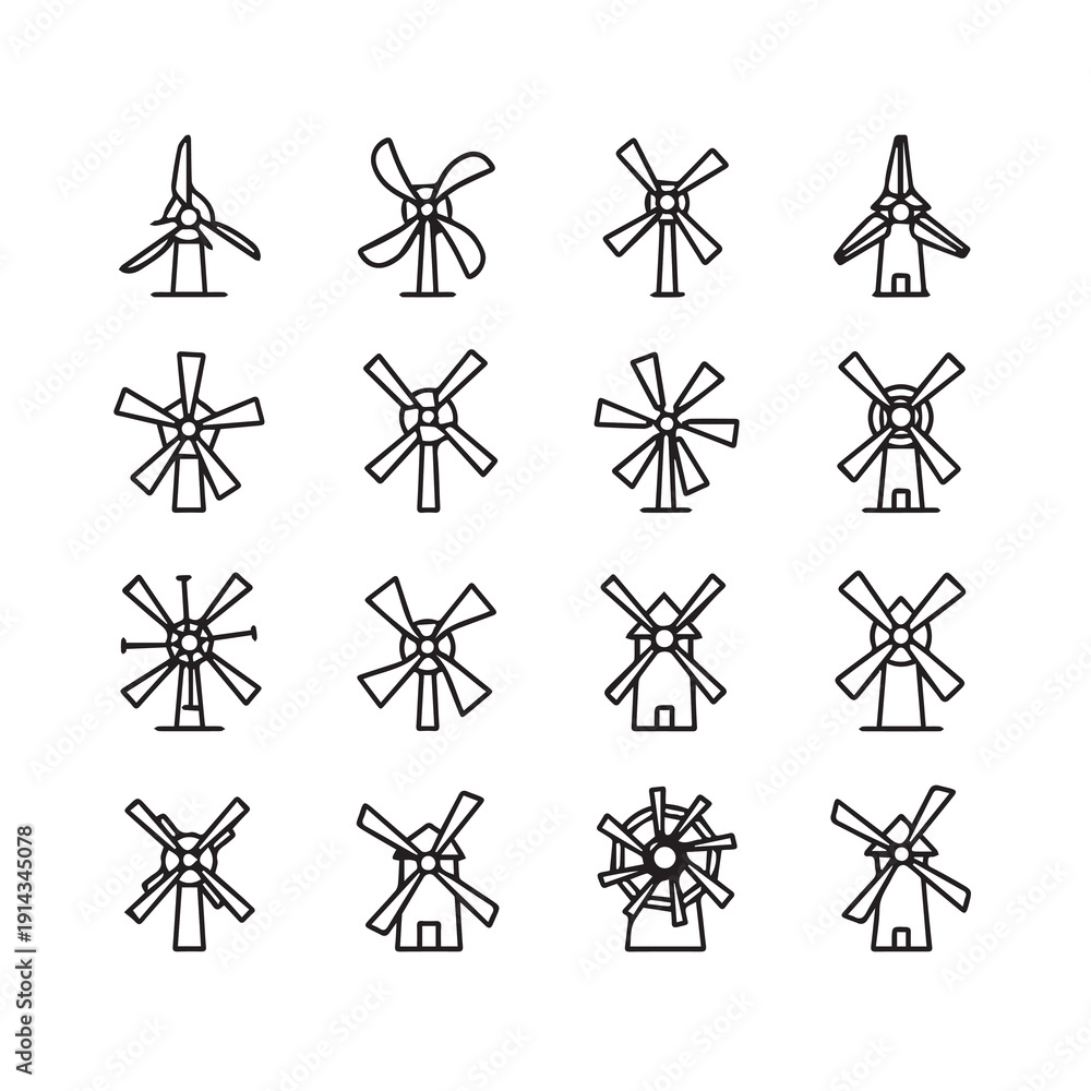 Obraz premium Collection of Windmill Icons, Simple Line Drawings, Various Styles