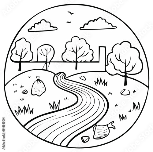 Environmental pollution in a rural landscape with a river and trees a trash bag and litter