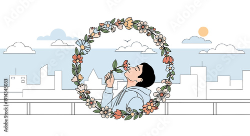 Woman Smelling Flower Wreath in Cityscape with Clouds and Sun