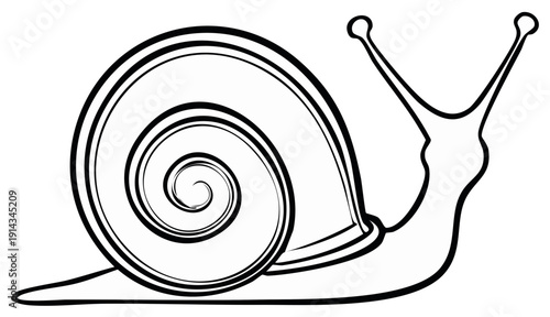 Stylized black and white line drawing of a snail with a spiral shell