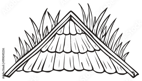 Black and white detailed line art illustration of a rustic A frame shingled roof with natural grass