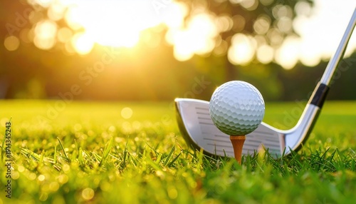 White golf ball resting on a wooden tee on a lush green course with a metal golf club positioned for a swing at golden sunset