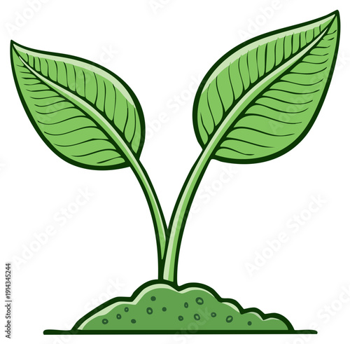Green seedling with two leaves emerging from soil, cartoon style, symbolizing growth and new beginnings