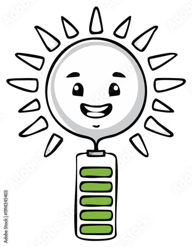 Happy Sun character powered by a full green battery symbol representing renewable energy source