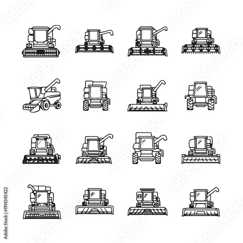 Combine Harvester Icons Collection Agriculture Machinery Set Vector Graphic