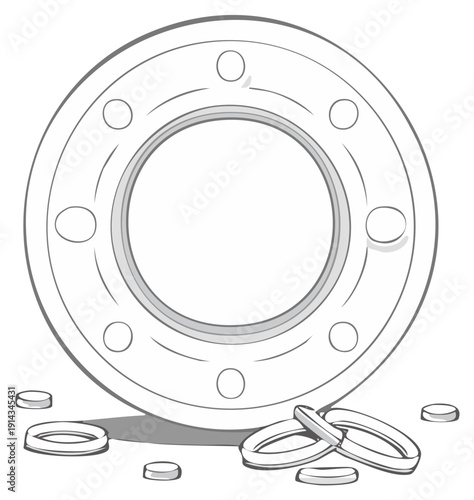 Illustration of Metal Flange with Bolt Holes and Scattered Washers, Engineering Component