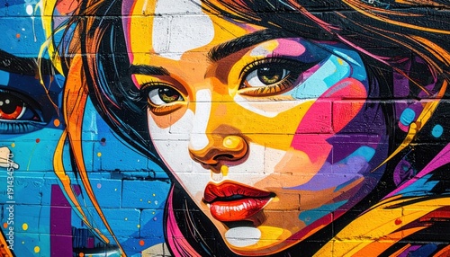 Vibrant street art mural on a brick wall depicts a woman face with intense eyes using bold purple yellow and orange colors