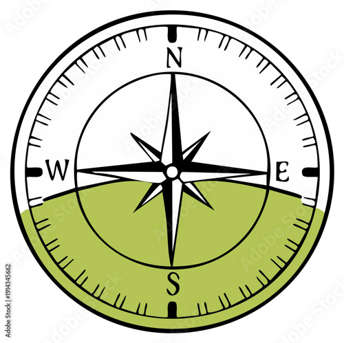 Classic compass with star wind rose and directional markers on a circular dial illustration