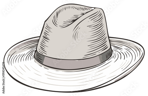 Illustrated fedora hat in gray and white tones.