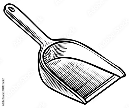 Handheld Dustpan with Handle Line Art Illustration Vintage Tool for Cleaning